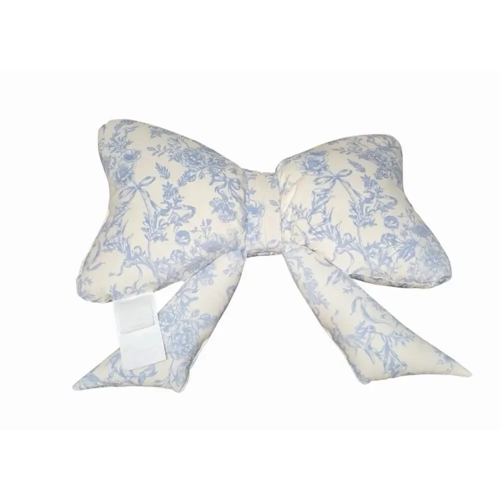 Envogue Blue Floral Toile Pattern Decor Bow Pillow Viral Coquette Cottagecore